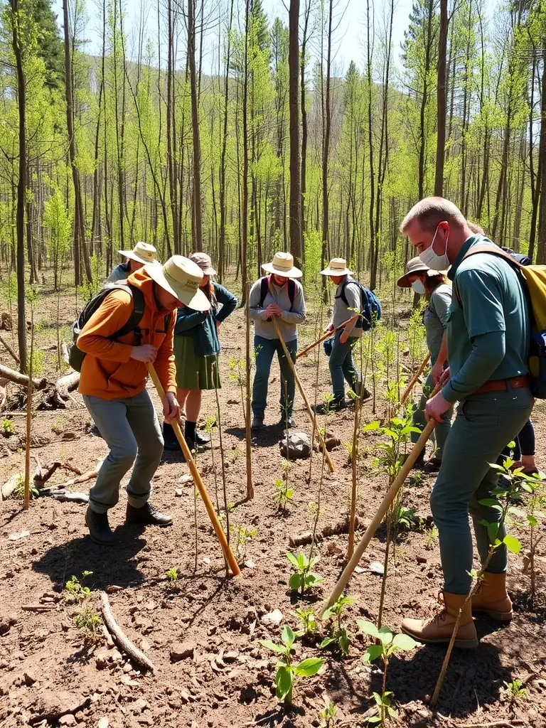 An image showcasing the association members engaged in habitat restoration, planting trees and clearing invasive species to improve the local ecosystem.