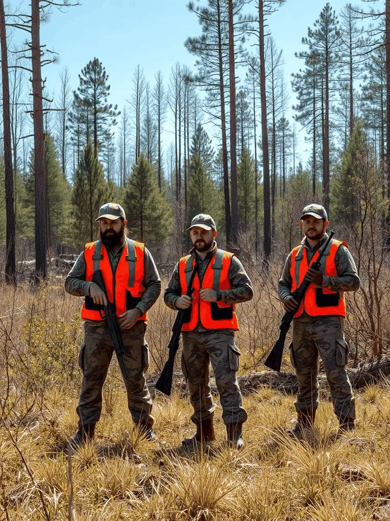 A photograph capturing a group of hunters participating in a controlled hunt in the Cressac region, emphasizing safety and responsible hunting practices.