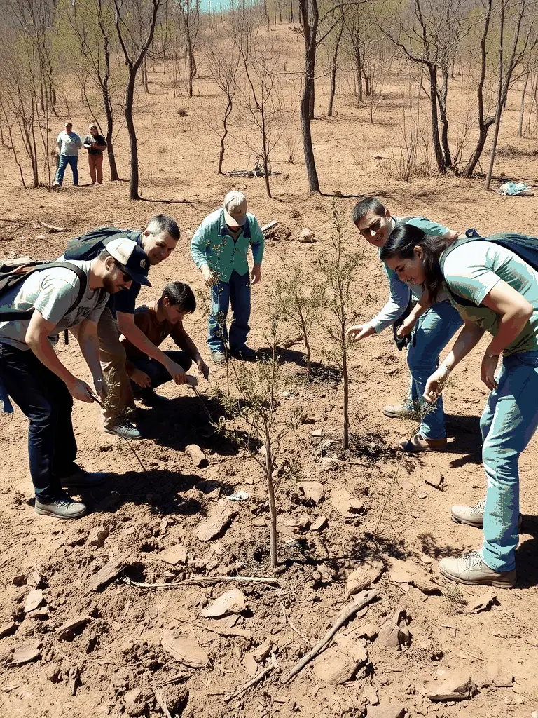 A photograph showcasing the ASSOCIATION DE LA SOCIETE DE CHASSE DE CRESSAC members engaged in habitat restoration, planting native trees and shrubs to improve biodiversity.