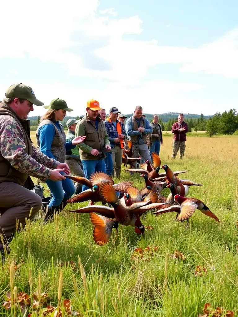 A photo of association members releasing pheasants into their natural habitat, showcasing the association's commitment to wildlife repopulation.